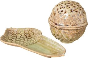 Set 2 recipiente decorative din ceramică artizanală natur, formă de nucă și ghindă, 13 × 21,5 × 11,5 cm, „Acorn"