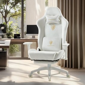 DOWINX 68A - Scaun Gaming Ergonomic, Extra-Lat și Construcție Heavy-Duty, Masaj in perna lombara, Material Textil respirabil, Suport picioare, Roti Silicon, Rezistent 150 kg, Alb