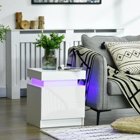 Noptiera alba HOMCOM cu lumina LED RGB, noptiera frontala lucioasa cu 2 sertare, pentru camera de zi, dormitor | Aosom RO