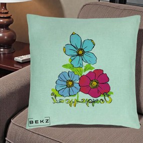 Perna Decorativa Trei Flori Grafice Pop Art, 40x40 cm, Verde Menta, Husa Detasabila, Perna Inclusa, BEKZ®
