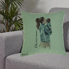 Cadou pentru Mama - Perna Personalizata The Best Mom Jachete, 40x40 cm, Verde, Husa Detasabila, Perna Inclusa, BEKZ®
