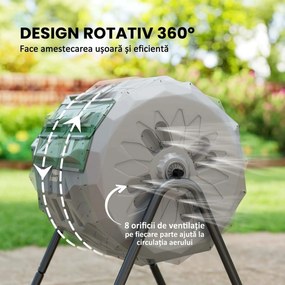 Outsunny Compostor Rotativ cu 2 Secțiuni și 8 Prize de Aerisire din Oțel și PP, 160L, 71x65x96 cm, Gri | Aosom Romania