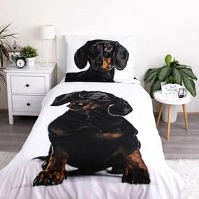 Lenjerie de pat pentru copii alb-negru din bumbac pentru pat de o persoană 140x200 cm Dachshund – Jerry Fabrics