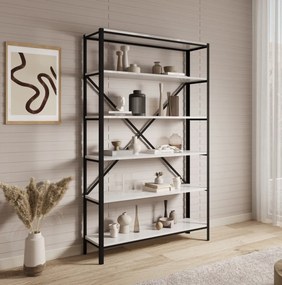 Raft metalic pentru carti, 110x180.2x30 cm, Ralph, ADRK Furniture (Culoare: Negru / Alb Lucios)