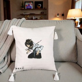 Perna Personalizata Death Note L Lawliet Lanturi, 40x40 cm, Bej cu Franjuri, Husa Detasabila, Perna Inclusa, BEKZ®