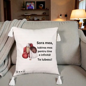 Cadou pentru Sora - Perna Personalizata Sora Mea Te Iubesc Doua Fete Iarna Acuarela, 40x40 cm, Bej cu Franjuri, Husa Detasabila, Perna Inclusa, BEKZ®