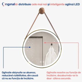 Oglindă LED Rotundă (Diametru 70 cm), 3 Moduri Iluminare (Lumină Rece, Naturală, Caldă), Intensitate Reglabilă, Funcție Dezaburire, Ramă Aluminiu, Control Tactil (Touch)