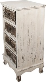 Comodă vintage îngustă cu 4 sertare, din lemn, alb și maro, cu butoni din metal și picioare curbate, 81 x 44 x 35 cm, „Renard”