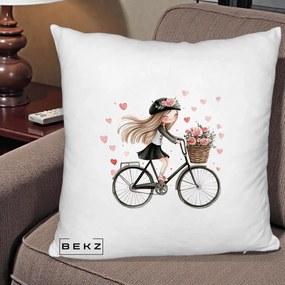Perna Decorativa Fetita Kawaii pe Bicicleta cu Trandafiri si Inimioare, 40x40 cm, Alb Pufos, Husa Detasabila, Perna Inclusa, BEKZ®