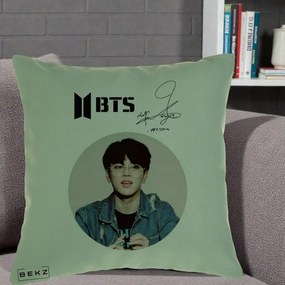 Perna Personalizata K-pop BTS Jimin Portret Cerc Autograf Geaca, 40x40 cm, Verde, Husa Detasabila, Perna Inclusa, BEKZ®