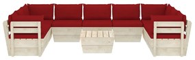 Set mobilier gradina din paleti, 10 piese, cu perne, lemn de molid Bordo, 4x colt + 5x mijloc + masa, 1