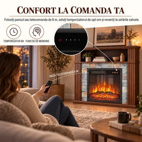 HOMCOM Șemineu electric de podea/încastrabil pentru TV 36" cu ramă și raft, 1800W, efect de flacără 3D, bușteni, maro | Aosom Romania