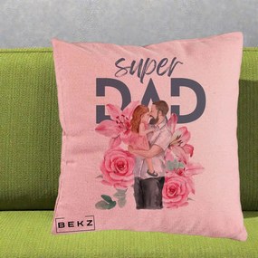 Cadou pentru Tata - Perna Personalizata Super Dad Tata cu Fetita si Flori, 40x40 cm, Roz, Husa Detasabila, Perna Inclusa, BEKZ®