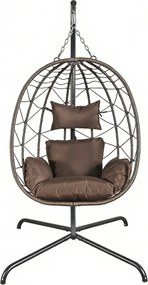 Fotoliu leagan suspendat, cos pliabil, perne moi, rezistent la UV, împletitură PE ratan, structură metalică, pentru interior și exterior, Maro