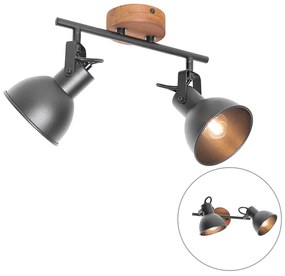 Spotlight industrial negru cu lemn inclinabil 2 lumini - Tommy