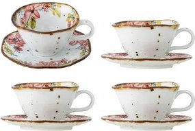 Set 4 căni cu farfurioară din ceramică artizanală albă cu motive florale roz pictate manual și margine aurie, 15×7,5 cm, "Savina"