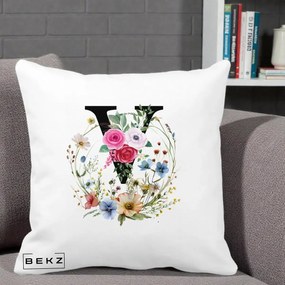 Cadou Personalizat - Perna Personalizata Monograma Florala Litera V cu Coroana, 40x40 cm, Alba Mata, Husa Detasabila, Perna Inclusa, BEKZ®