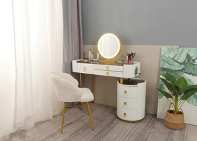 Set Lucia Premium, Masă de toaletă pentru machiaj, incarcare Wireless+USB+USB C, difuzor Bluetooth, oglindă iluminată LED, control touch, trei tipuri culoare, 6 sertare, scaun, 100 cm