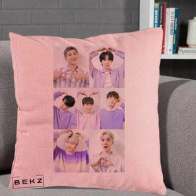 Perna Personalizata K-pop BTS Colaj 7 Portrete cu Inimi Lila, 40x40 cm, Roz, Husa Detasabila, Perna Inclusa, BEKZ®