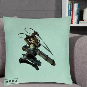 Perna Personalizata Attack on Titan Eren Yeager Lupta, 40x40 cm, Verde Menta, Husa Detasabila, Perna Inclusa, BEKZ®