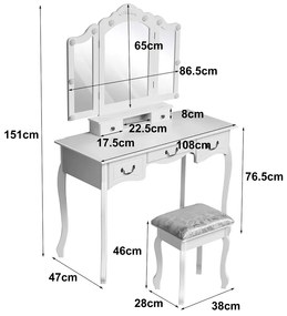 Set Tereza, Masă de toaletă cu 3 oglinzi iluminate LED, 5 sertare, scaun, Alb