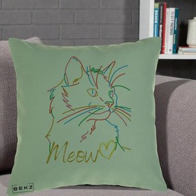 Perna Personalizata Pisica Meow Arta Linie Colorata, 40x40 cm, Verde, Husa Detasabila, Perna Inclusa, BEKZ®