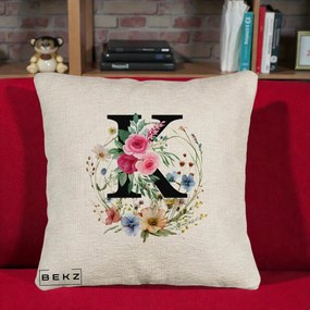 Cadou Personalizat - Perna Personalizata Monogram Litera K cu Flori Acuarela, 40x40 cm, Bej Canapea, Husa Detasabila, Perna Inclusa, BEKZ®