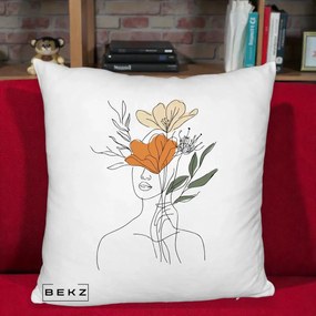 Perna Decorativa Portret Feminin Coroana Florala, 40x40 cm, Alb Pufos, Husa Detasabila, Perna Inclusa, BEKZ®