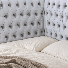 Pat tapițat pentru copii din catifea Elyra 140×200 cm, gri deschis, colț stânga, cu ladă de depozitare