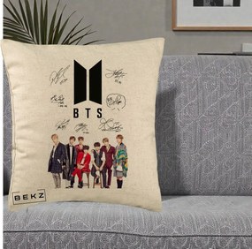 Perna Personalizata K-pop BTS Semnaturi Foto, 40x40 cm, Bej, Husa Detasabila, Perna Inclusa, BEKZ®