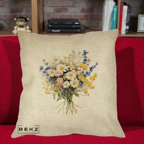 Perna Decorativa Buchet Camp Acuarela Margarete-Lavanda, 40x40 cm, Crem, Husa Detasabila, Perna Inclusa, BEKZ®