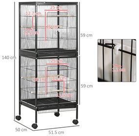 PawHut Colivie pentru Păsări cu 4 Roți Pivotante, Tăvi Detașabile și Recipiente din Plastic, 51.5x50x140 cm, Negru | Aosom Romania