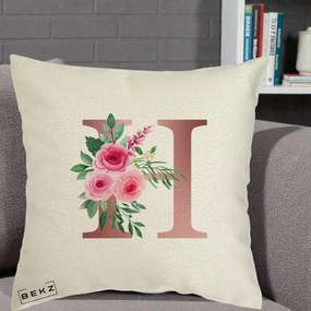 Cadou Personalizat - Perna Personalizata Monograma Rose Gold Litera H, 40x40 cm, Ecru, Husa Detasabila, Perna Inclusa, BEKZ®
