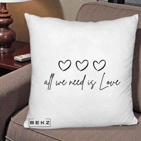 Perna Decorativa All We Need Is Love, 40x40 cm, Alb Pufos, Husa Detasabila, Perna Inclusa, BEKZ®