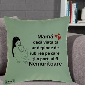 Cadou pentru Mama - Perna Personalizata Mama Nemuritoare Linie, 40x40 cm, Verde, Husa Detasabila, Perna Inclusa, BEKZ®
