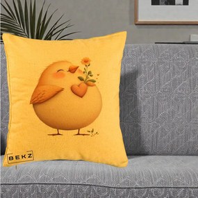 Perna Decorativa Pui cu Inima si Floarea-Soarelui, 40x40 cm, Galben, Husa Detasabila, Perna Inclusa, BEKZ®
