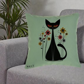 Perna Decorativa Pisica Neagra Ochi Rosii Flori, 40x40 cm, Verde, Husa Detasabila, Perna Inclusa, BEKZ®