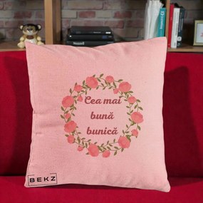 Cadou pentru Bunica - Perna Personalizata Cea Mai Buna Bunica Coronita Trandafiri Roz Clasic, 40x40 cm, Roz, Husa Detasabila, Perna Inclusa, BEKZ®