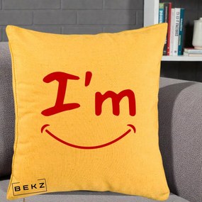 Perna Decorativa I'm Happy Smile, 40x40 cm, Galben, Husa Detasabila, Perna Inclusa, BEKZ®