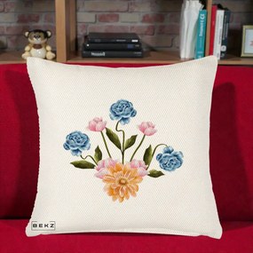Perna Decorativa Buchet Primavara Acuarela, 40x40 cm, Crem Reliefat, Husa Detasabila, Perna Inclusa, BEKZ®