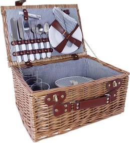Coș de picnic mare din răchită împletită cu căptușeală în dungi albastre, pentru 4 persoane, „Vendela Large Blue"