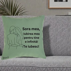 Cadou pentru Sora - Perna Personalizata Sora Mea Te Iubesc Imbratisare din Spate Line Art, 40x40 cm, Verde, Husa Detasabila, Perna Inclusa, BEKZ®