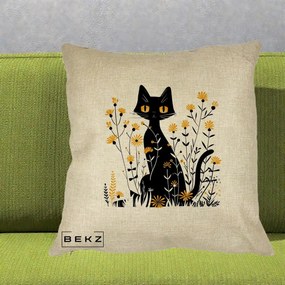 Perna Decorativa Pisica Neagra Ochi Galbeni Flori Galbene, 40x40 cm, Crem, Husa Detasabila, Perna Inclusa, BEKZ®