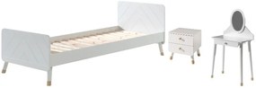 Set Pat Single, Noptieră și Masă de Toaletă pentru Copii, 3 Piese, 90x200 cm, Alb Satinat (Pin Masiv și MDF) – Billy – Vipack