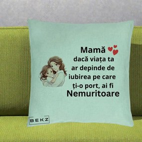 Cadou pentru Mama - Perna Personalizata Mama Nemuritoare cu Balon Inima, 40x40 cm, Verde Menta, Husa Detasabila, Perna Inclusa, BEKZ®