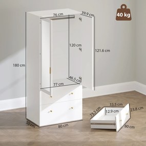 HOMCOM Dulap dormitor cu bară de suspendare și oglindă, 2 uși, 2 sertare, 80 x 50 x 180 cm, alb | Aosom Romania