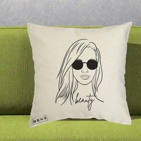 Perna Decorativa Beauty Girl Line Art, 40x40 cm, Ecru, Husa Detasabila, Perna Inclusa, BEKZ®