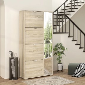 HOMCOM Etajeră pentru Pantofi cu Oglindă, 4 Sertare Rabatabile și 2 Dulapuri, 82x30x168 cm, Culoare Stejar | Aosom Romania