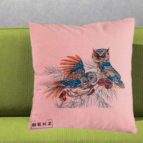 Perna Decorativa Bufnite de Iarna Albastre, 40x40 cm, Roz, Husa Detasabila, Perna Inclusa, BEKZ®