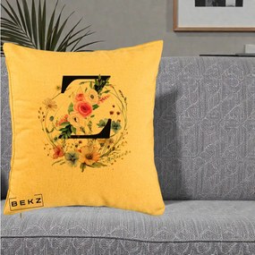 Cadou Personalizat - Perna Personalizata Monograma Florala Litera Z cu Coroana, 40x40 cm, Galben, Husa Detasabila, Perna Inclusa, BEKZ®